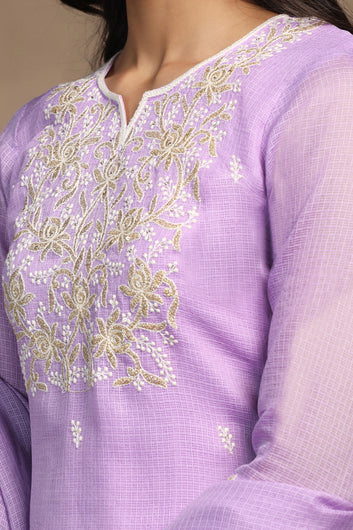 Womens Lavender Kota Doriya Embroidered Calf Length Kurta And Trouser With Dupatta Set