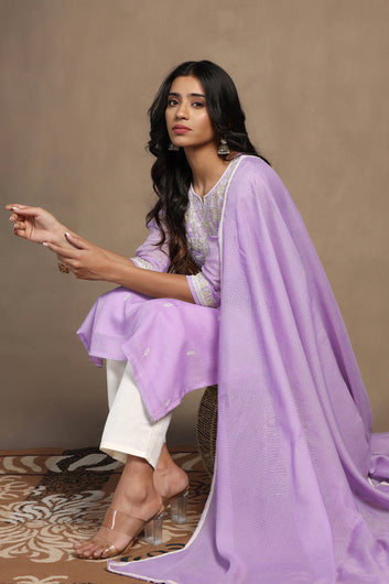 Womens Lavender Kota Doriya Embroidered Calf Length Kurta And Trouser With Dupatta Set