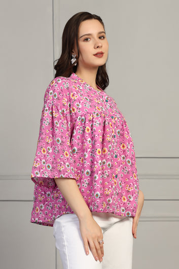Womens Pink Lexus Checks Floral Printed Casual Top