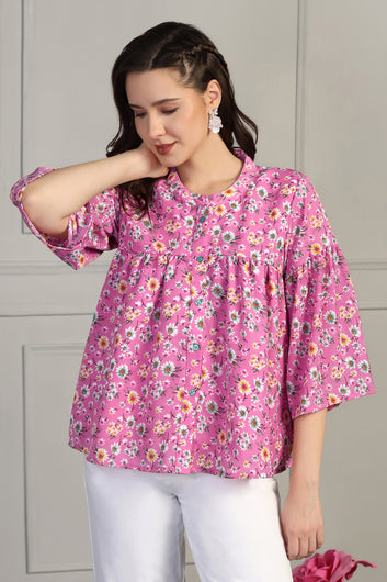 Womens Pink Lexus Checks Floral Printed Casual Top