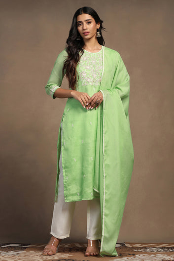 Womens Pista Kota Doriya Embroidered Calf Length Kurta And Trouser With Dupatta Set