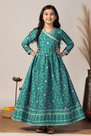 Girls Teal Chinon Patola Printed Fit & Flare Maxi Length Dress