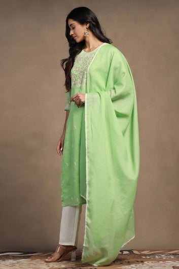 Womens Pista Kota Doriya Embroidered Calf Length Kurta And Trouser With Dupatta Set