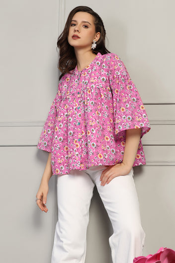 Womens Pink Lexus Checks Floral Printed Casual Top