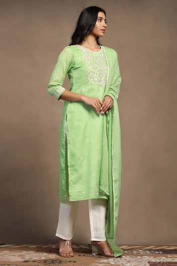 Womens Pista Kota Doriya Embroidered Calf Length Kurta And Trouser With Dupatta Set