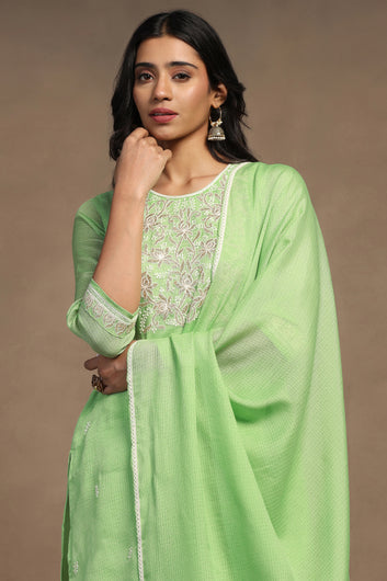 Womens Pista Kota Doriya Embroidered Calf Length Kurta And Trouser With Dupatta Set