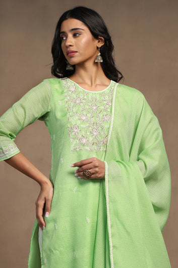 Womens Pista Kota Doriya Embroidered Calf Length Kurta And Trouser With Dupatta Set