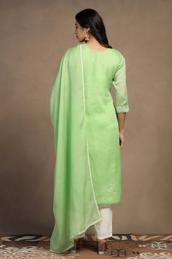 Womens Pista Kota Doriya Embroidered Calf Length Kurta And Trouser With Dupatta Set