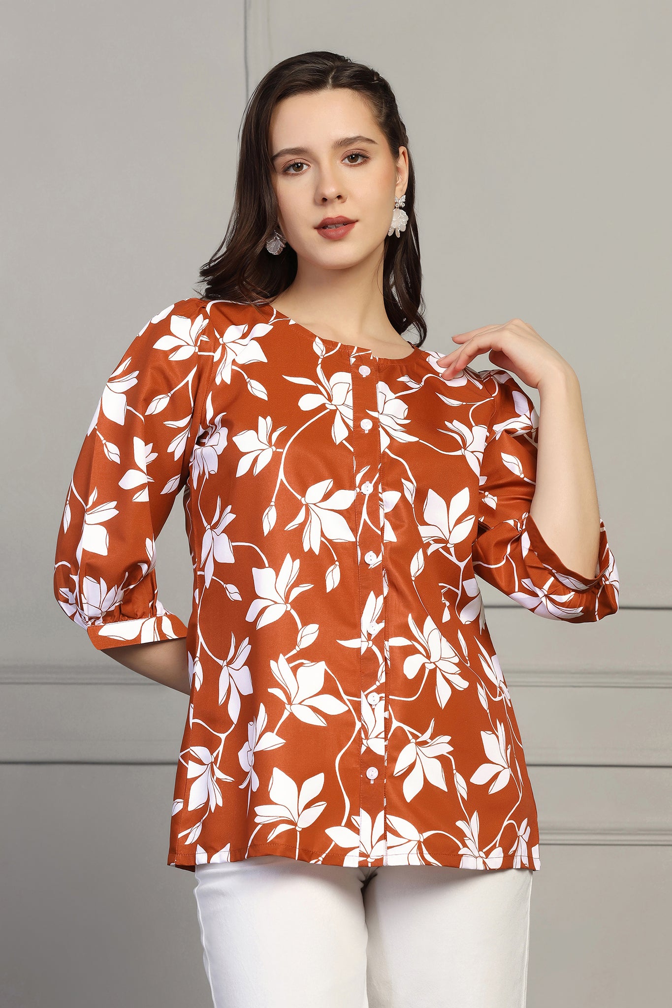 Womens Rust Micro All-Over Floral Printed Casual Top