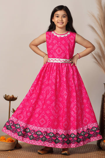 Girls Rani Pink Chinnon Printed Maxi Length Dress