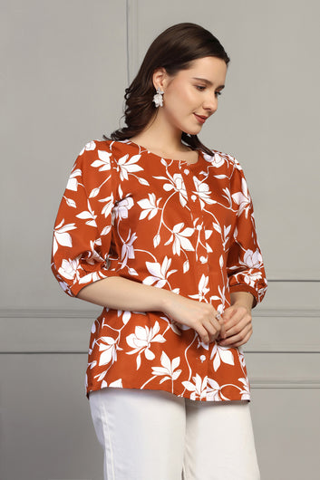 Womens Rust Micro All-Over Floral Printed Casual Top