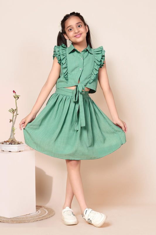 Girls Pista Solid Ruffle Top With Skirt Set