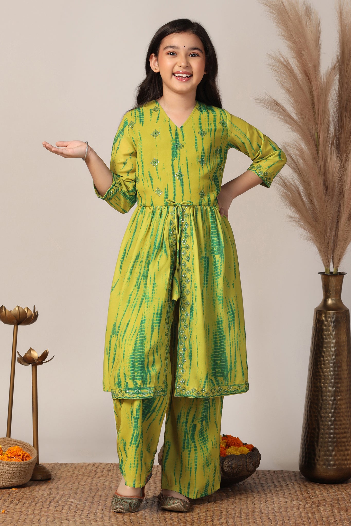 Girls Mustard Georgette Printed Kurta With Palazzo Set