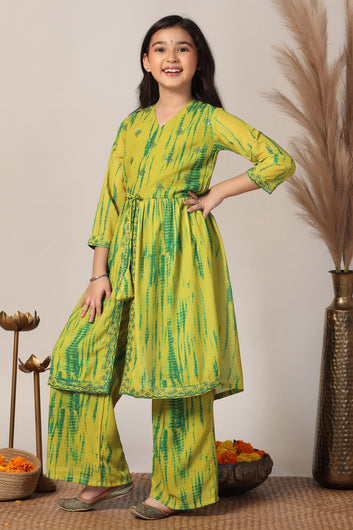 Girls Mustard Georgette Printed Kurta With Palazzo Set