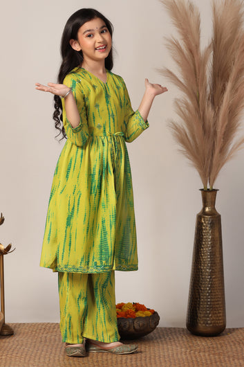 Girls Mustard Georgette Printed Kurta With Palazzo Set