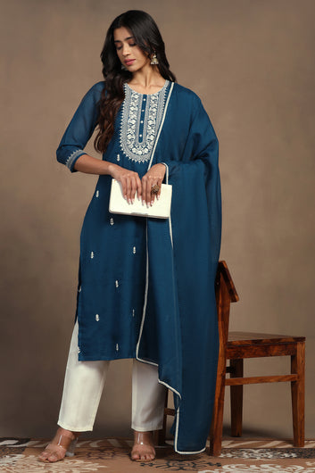 Womens Rama Kota Doriya Embroidered Calf Length Kurta And Trouser With Dupatta Set