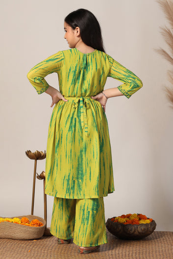 Girls Mustard Georgette Printed Kurta With Palazzo Set