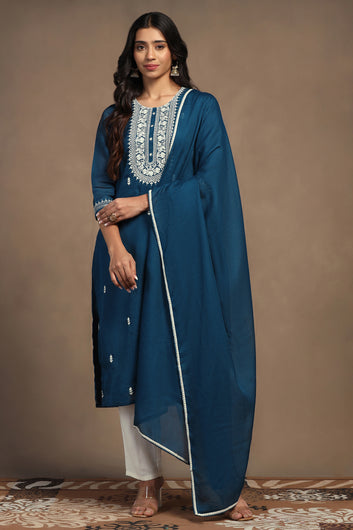 Womens Rama Kota Doriya Embroidered Calf Length Kurta And Trouser With Dupatta Set