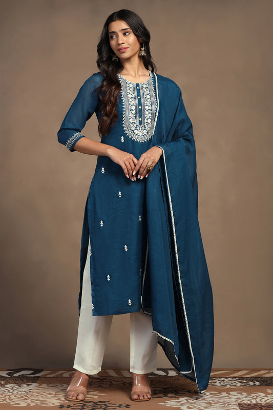 Womens Rama Kota Doriya Embroidered Calf Length Kurta And Trouser With Dupatta Set