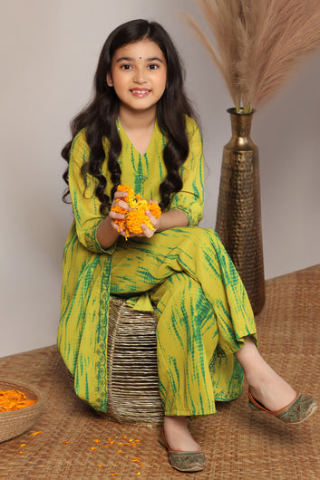 Girls Mustard Georgette Printed Kurta With Palazzo Set