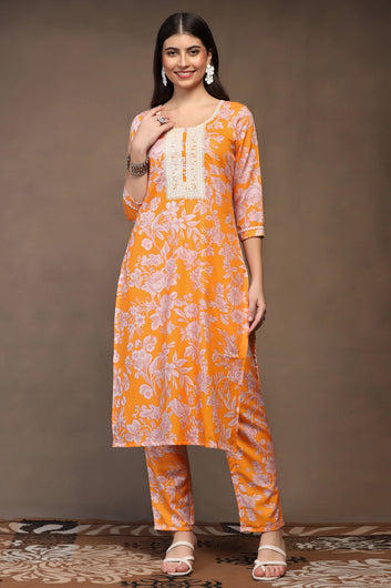 Womens Yellow Cotton Blend Floral Printed Ankle Length Straight Kurta And Trouser With Dupatta Set