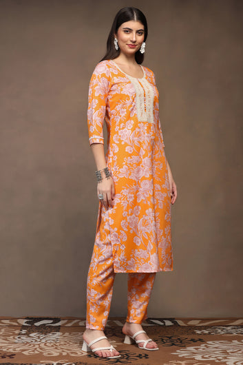 Womens Yellow Cotton Blend Floral Printed Ankle Length Straight Kurta And Trouser With Dupatta Set