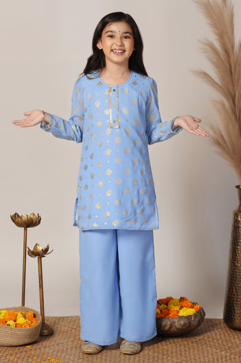 Girls Sky Blue Georgette Printed Kurta With Palazzo Set