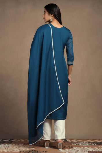 Womens Rama Kota Doriya Embroidered Calf Length Kurta And Trouser With Dupatta Set