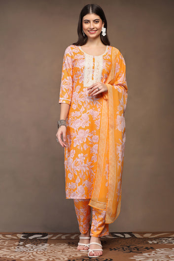 Womens Yellow Cotton Blend Floral Printed Ankle Length Straight Kurta And Trouser With Dupatta Set