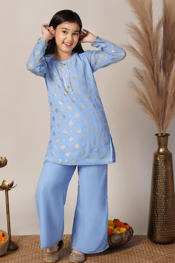 Girls Sky Blue Georgette Printed Kurta With Palazzo Set