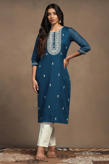 Womens Rama Kota Doriya Embroidered Calf Length Kurta And Trouser With Dupatta Set