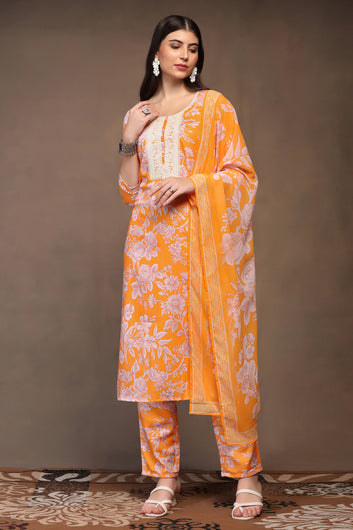 Womens Yellow Cotton Blend Floral Printed Ankle Length Straight Kurta And Trouser With Dupatta Set