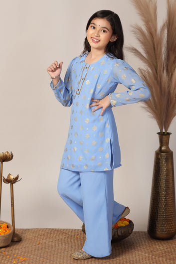 Girls Sky Blue Georgette Printed Kurta With Palazzo Set