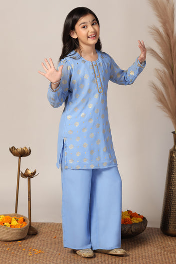 Girls Sky Blue Georgette Printed Kurta With Palazzo Set