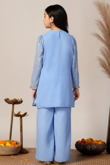 Girls Sky Blue Georgette Printed Kurta With Palazzo Set