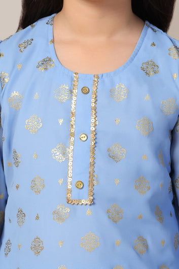 Girls Sky Blue Georgette Printed Kurta With Palazzo Set