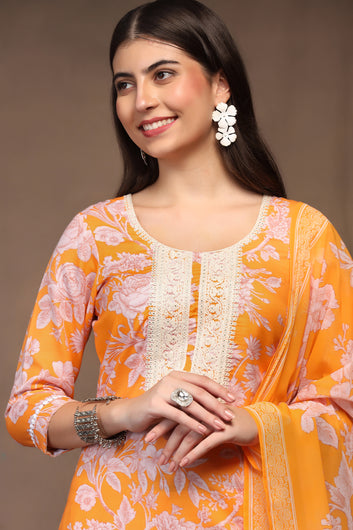 Womens Yellow Cotton Blend Floral Printed Ankle Length Straight Kurta And Trouser With Dupatta Set