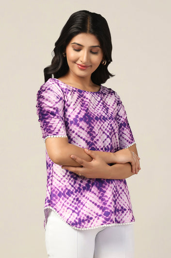 Womens Purple Slub Tie Dye Printed Hip Length Top