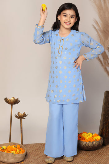 Girls Sky Blue Georgette Printed Kurta With Palazzo Set