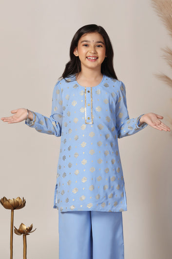 Girls Sky Blue Georgette Printed Kurta With Palazzo Set