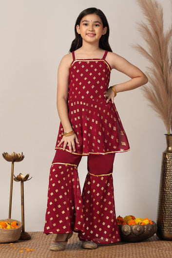 Girls Maroon Georgette Printed Kurta With Palazzo Set