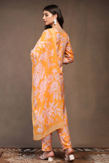 Womens Yellow Cotton Blend Floral Printed Ankle Length Straight Kurta And Trouser With Dupatta Set