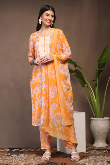 Womens Yellow Cotton Blend Floral Printed Ankle Length Straight Kurta And Trouser With Dupatta Set