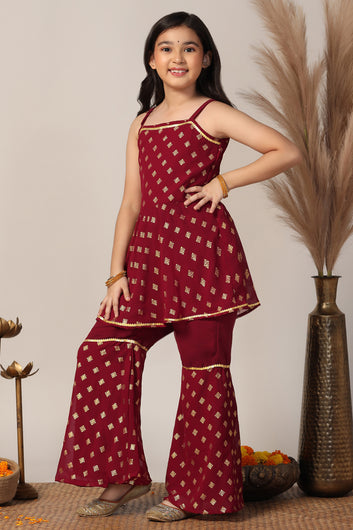 Girls Maroon Georgette Printed Kurta With Palazzo Set