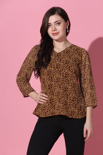 Womens Brown Animal Printed Georgette Casual Top