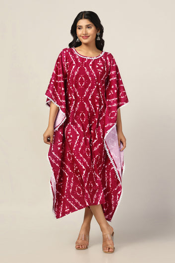 Womens Maroon Cotton Blend Tie & Dye Printed Kaftan Maxi Length Dress