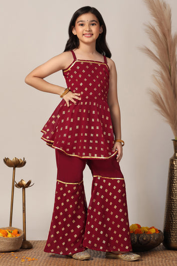 Girls Maroon Georgette Printed Kurta With Palazzo Set