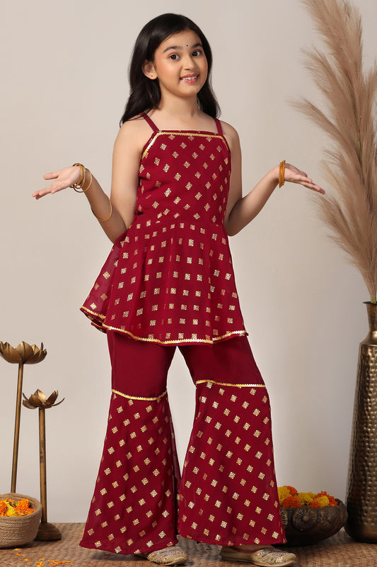 Girls Maroon Georgette Printed Kurta With Palazzo Set