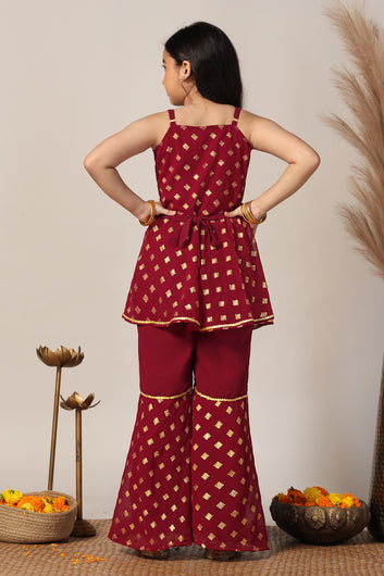 Girls Maroon Georgette Printed Kurta With Palazzo Set