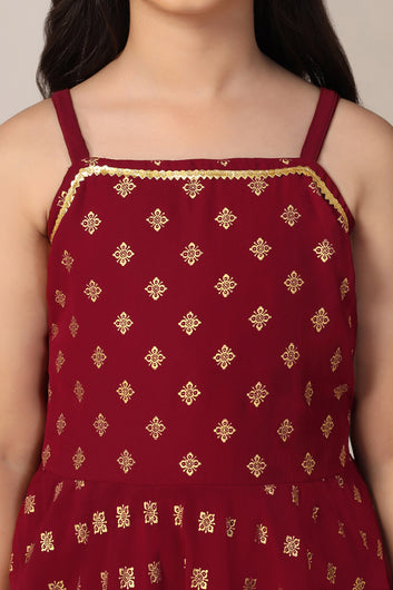 Girls Maroon Georgette Printed Kurta With Palazzo Set